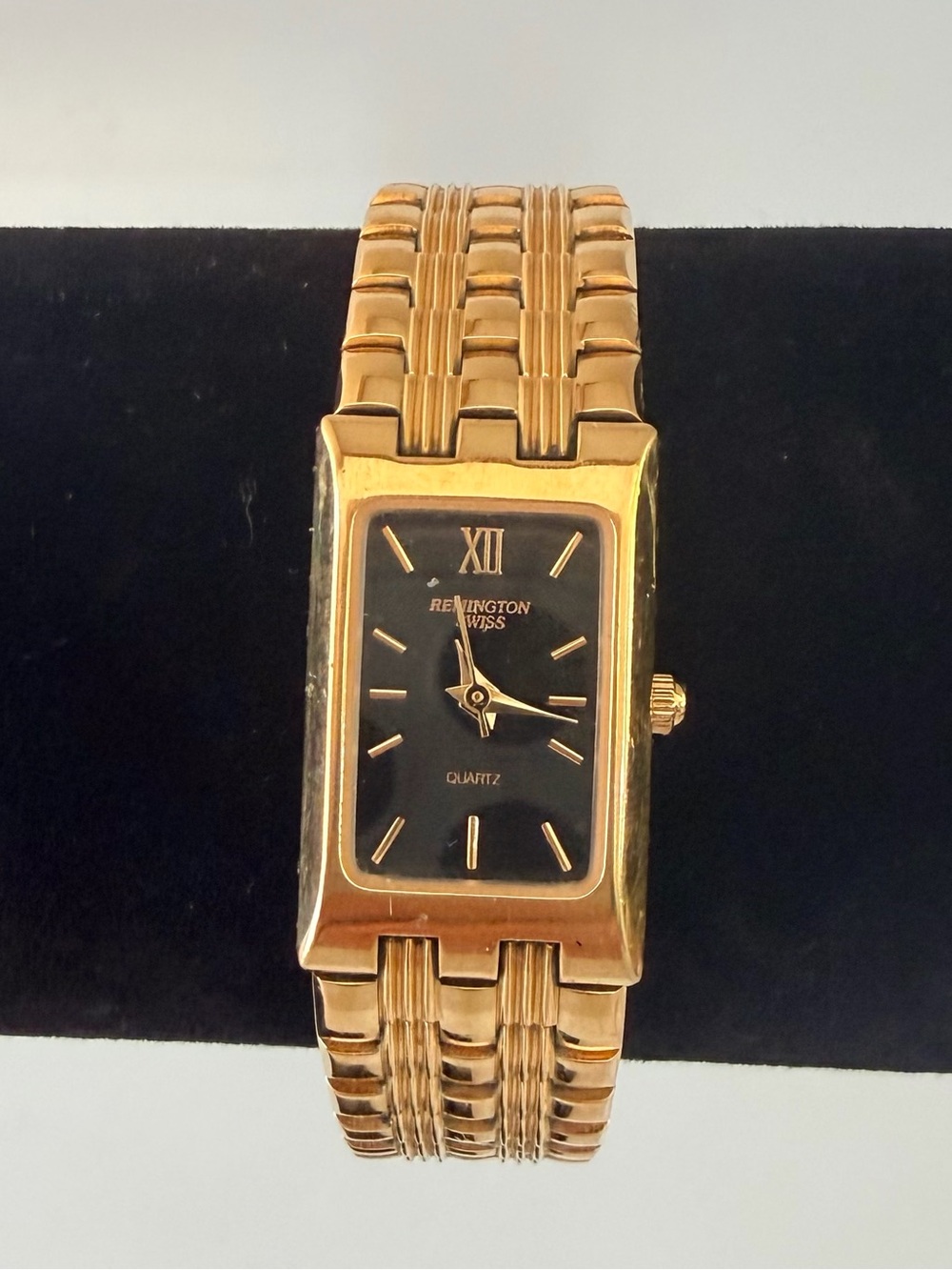 Remington Swiss Gold-Tone Rectangular Quartz Watch with Black Dial